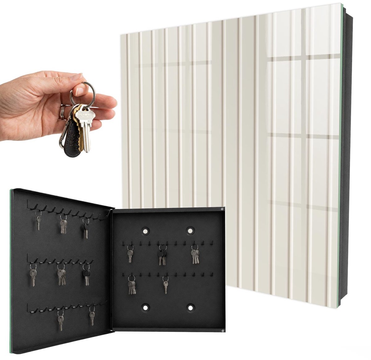 WallMuralia - Sleutelkast - 30x30x5 cm - met 50 haken - Verticale Strepen Design Sleutelkastje - Beige Sleutelbox - Linksopenend - Zwart interieur
