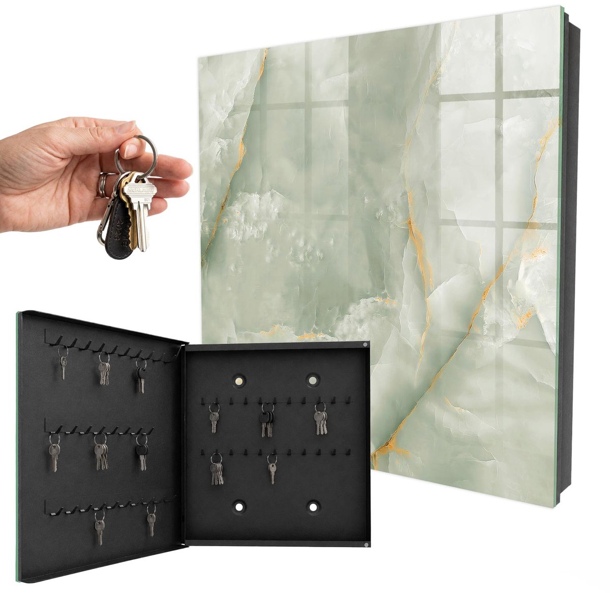 WallMuralia - Sleutelkast - 30x30x5 cm - met 50 haken - Elegante Textuur Sleutelkastje Gang - Romig Sleutelbox - Linksopenend - Zwart interieur