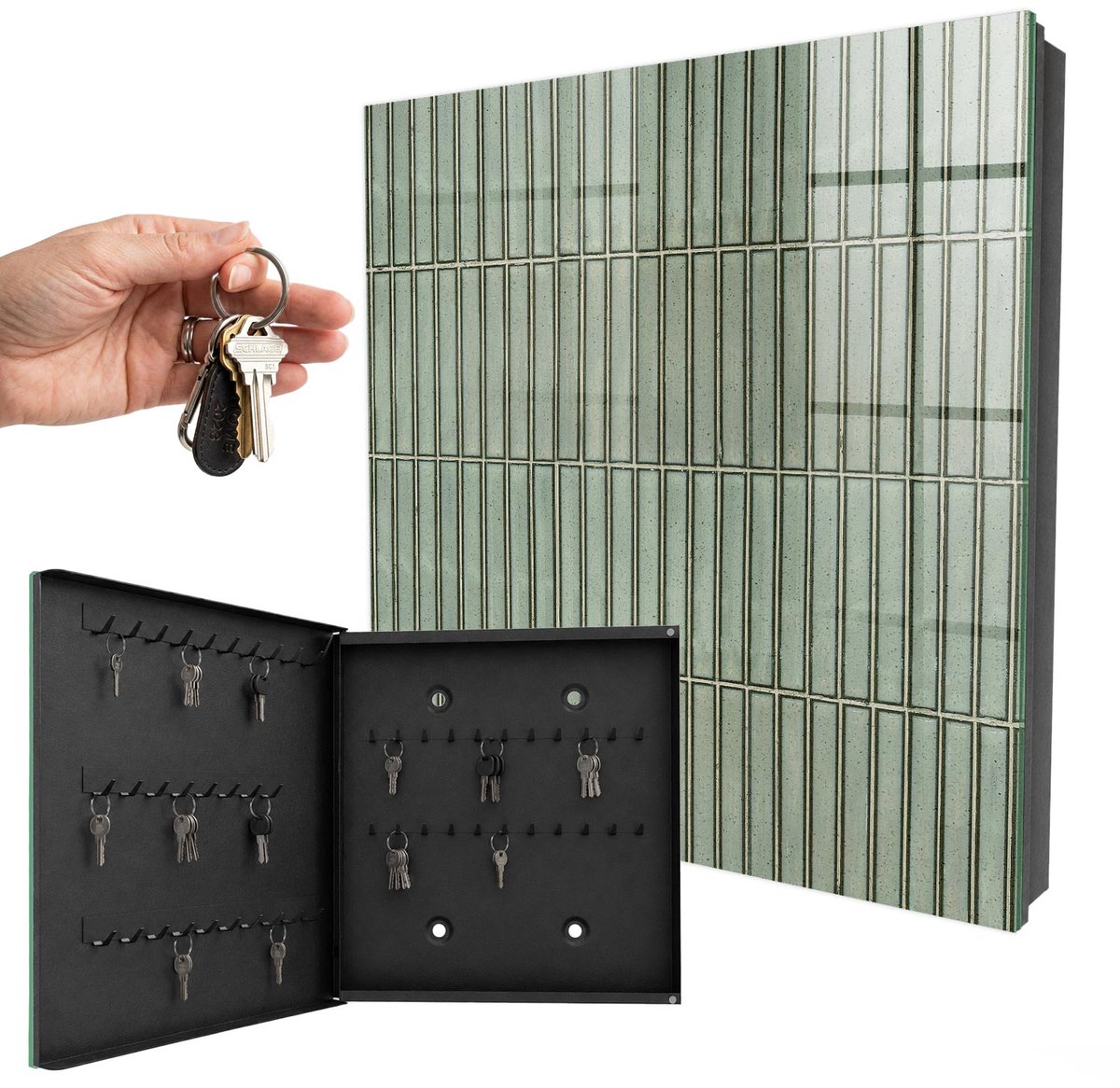 WallMuralia - Sleutelkast - 30x30x5 cm - met 50 haken - Groen Patroon Sleutelkastje Klein - Groente Sleutelbox - Linksopenend - Zwart interieur