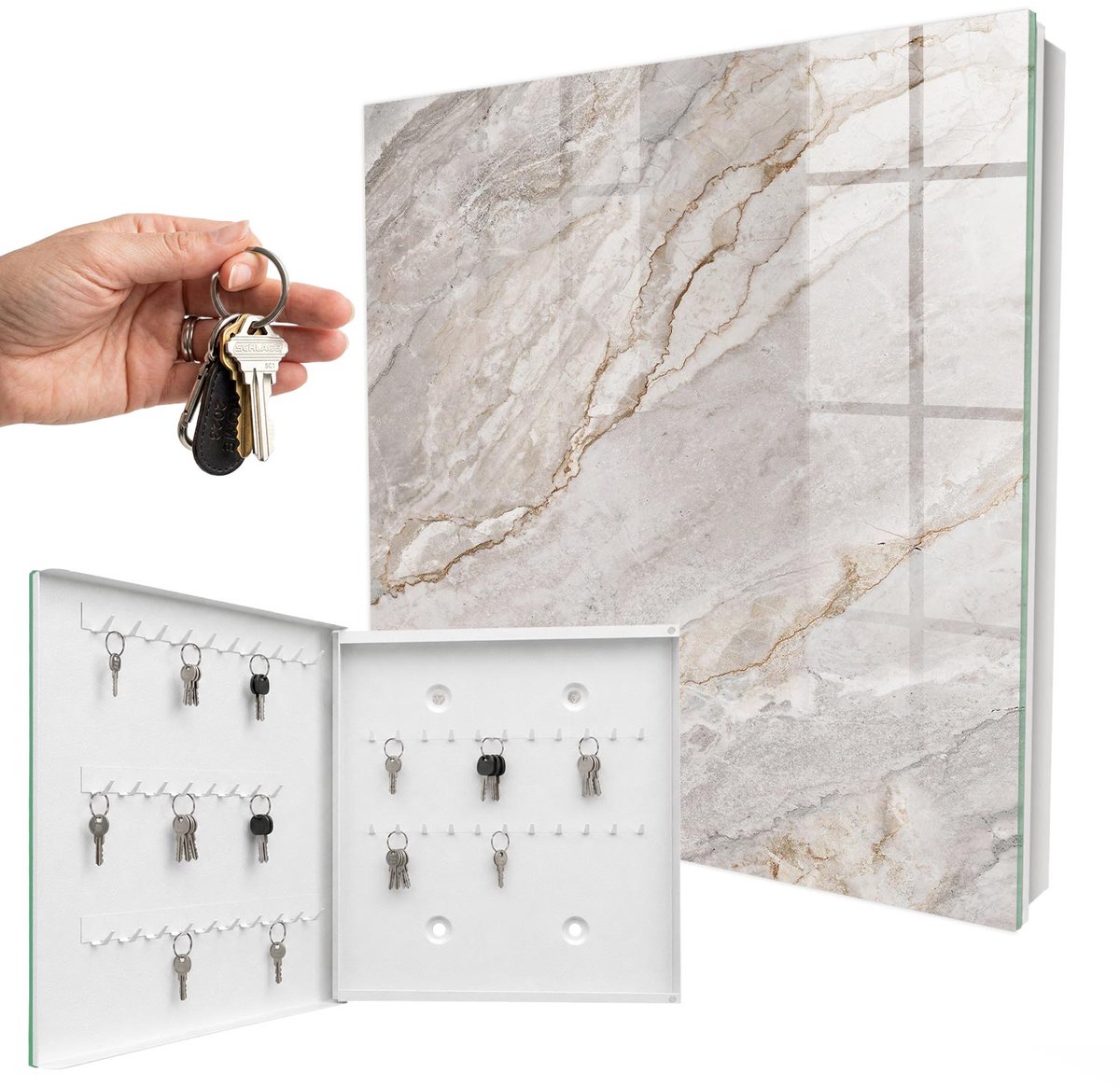 WallMuralia - Sleutelkast - 30x30x5 cm - met 50 haken - Grijs Marmer Sleutelkastje Gang - Grijs Sleutelbox - Linksopenend - Wit interieur