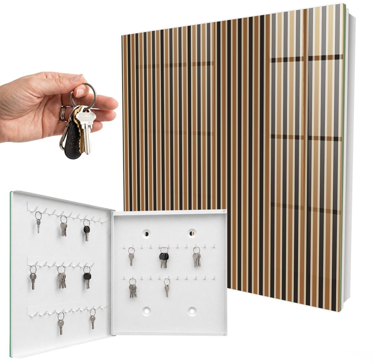 WallMuralia - Sleutelkast - 30x30x5 cm - met 50 haken - Minimalistische Strepen Sleutelkastje - Bruin Sleutelbox - Linksopenend - Wit interieur