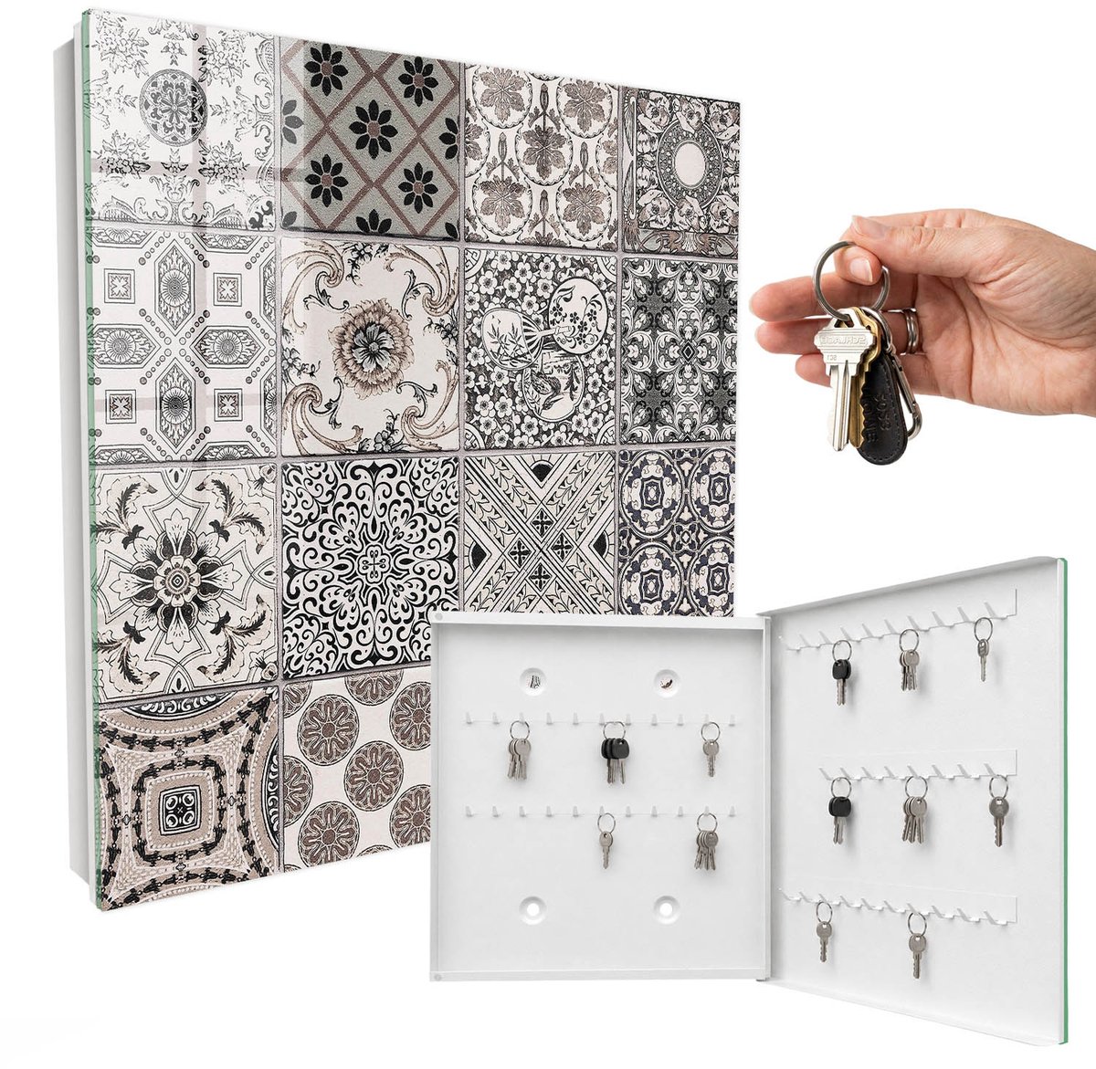 WallMuralia - Sleutelkast - 30x30x5 cm - met 50 haken - Stijlvolle Tegels Sleutelkastje Hal - Zwart Sleutelbox - Rechtsopenend - Wit interieur