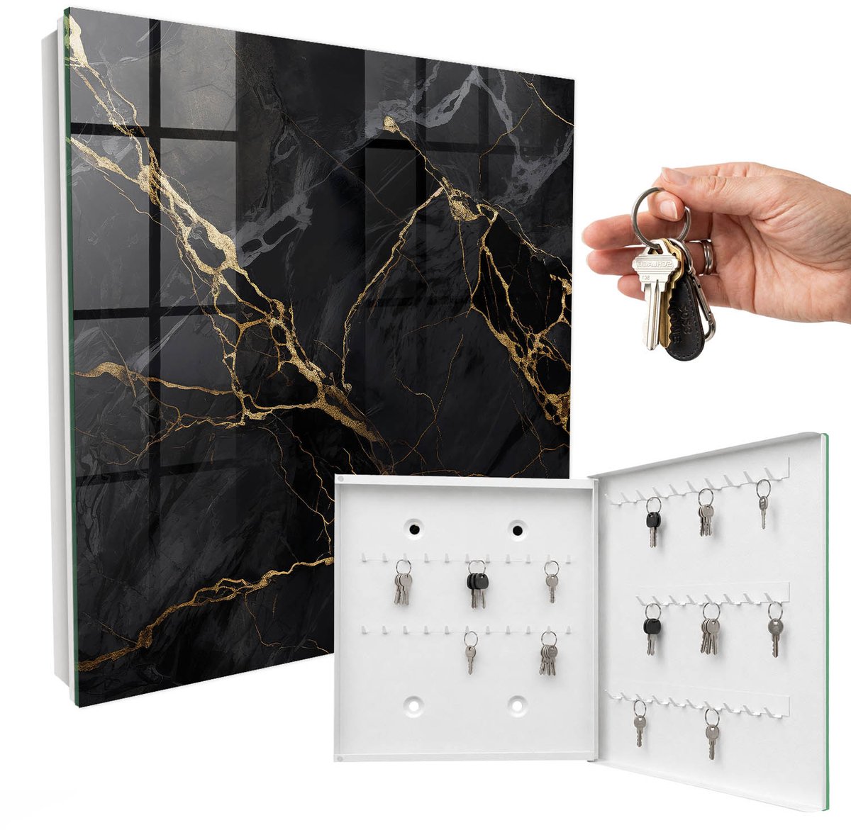 WallMuralia - Sleutelkast - 30x30x5 cm - met 50 haken - Elegant Patroon Sleutelkastje Hal - Zwart Sleutelbox - Rechtsopenend - Wit interieur