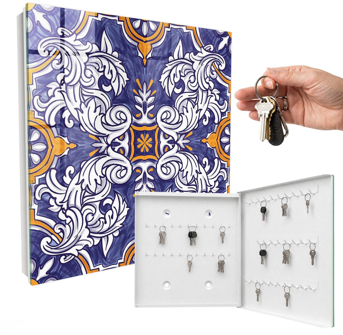 WallMuralia - Sleutelkast - 30x30x5 cm - met 50 haken - Plantenornament Sleutelkastje Design - Blauw Sleutelbox - Rechtsopenend - Wit interieur