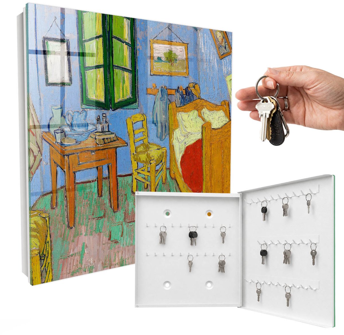 WallMuralia - Sleutelkast - 30x30x5 cm - met 50 haken - Gezellige Kamer Sleutelkastje Design - Blauw Sleutelbox - Rechtsopenend - Wit interieur