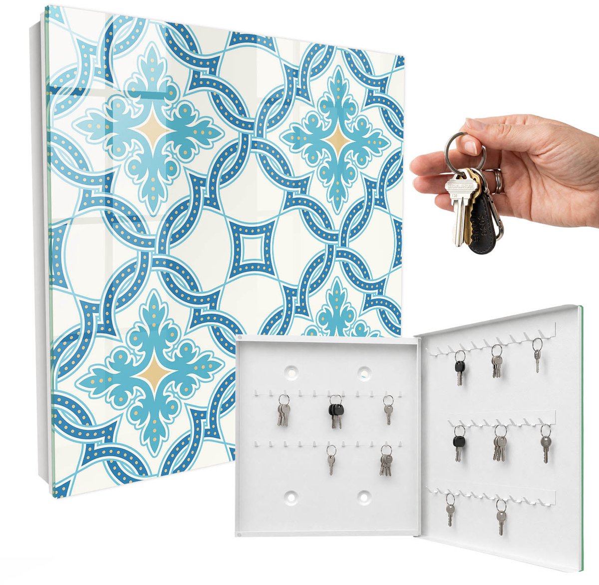 WallMuralia - Sleutelkast - 30x30x5 cm - met 50 haken - Decoratief Mozaïek Leuk Sleutelkastje - Turkoois Sleutelbox - Rechtsopenend - Wit interieur