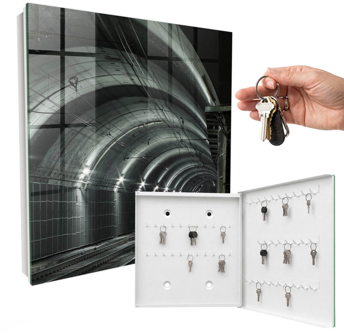 WallMuralia - Sleutelkast - 30x30x5 cm - met 50 haken - Spoorwegtunnel Sleutelkastje Industrieel - Grijs Sleutelbox - Rechtsopenend - Wit interieur