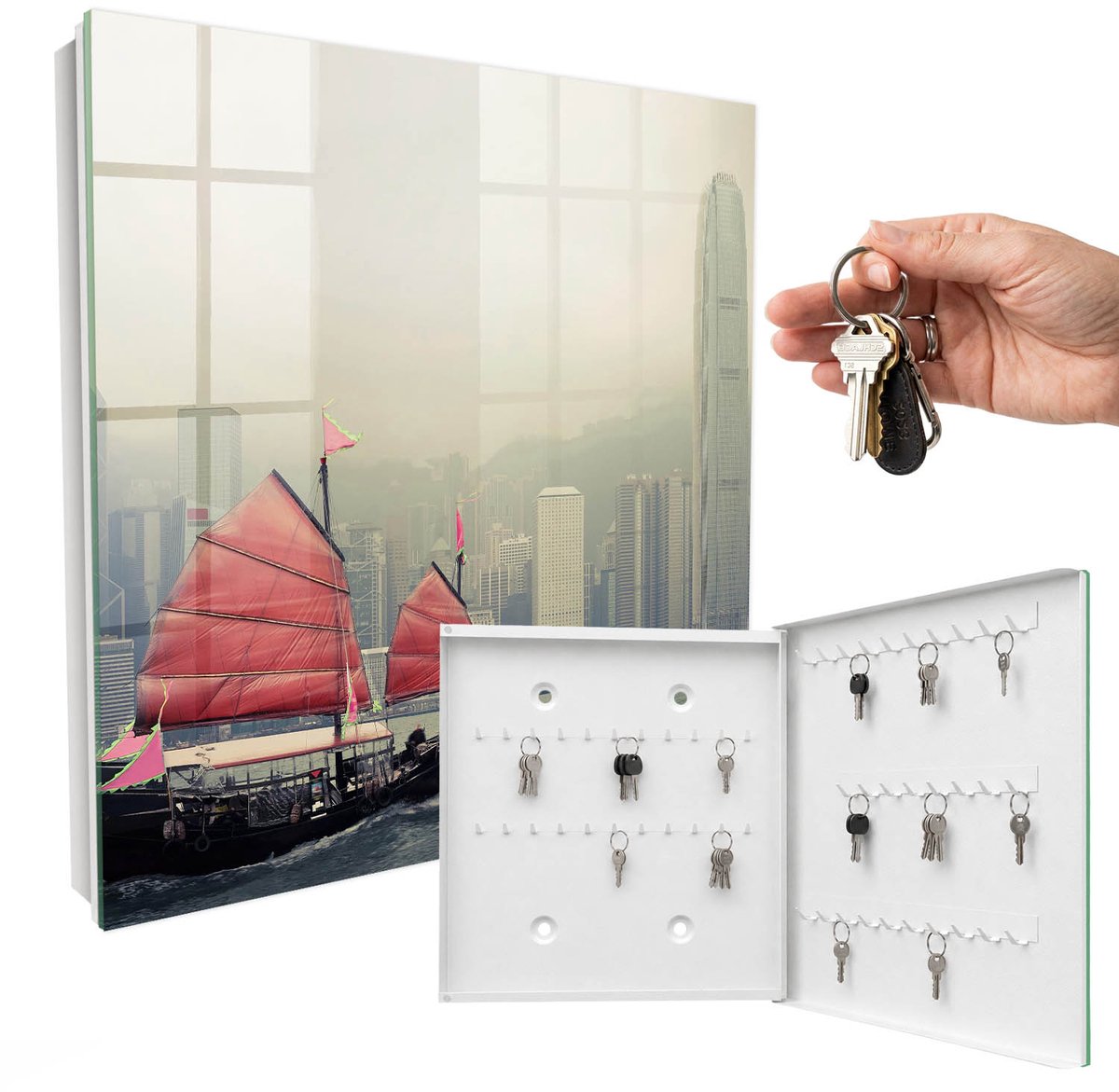 WallMuralia - Sleutelkast - 30x30x5 cm - met 50 haken - Nostalgie Naar De Stad Groot Sleutelkastje - Grijs Sleutelbox - Rechtsopenend - Wit interieur
