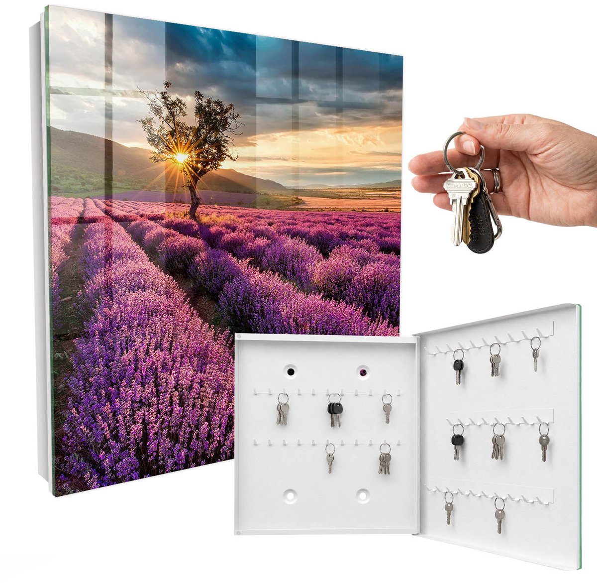 WallMuralia - Sleutelkast - 30x30x5 cm - met 50 haken - Lavendelzonsondergang Sleutelkastje Binnen - Paars Sleutelbox - Rechtsopenend - Wit interieur