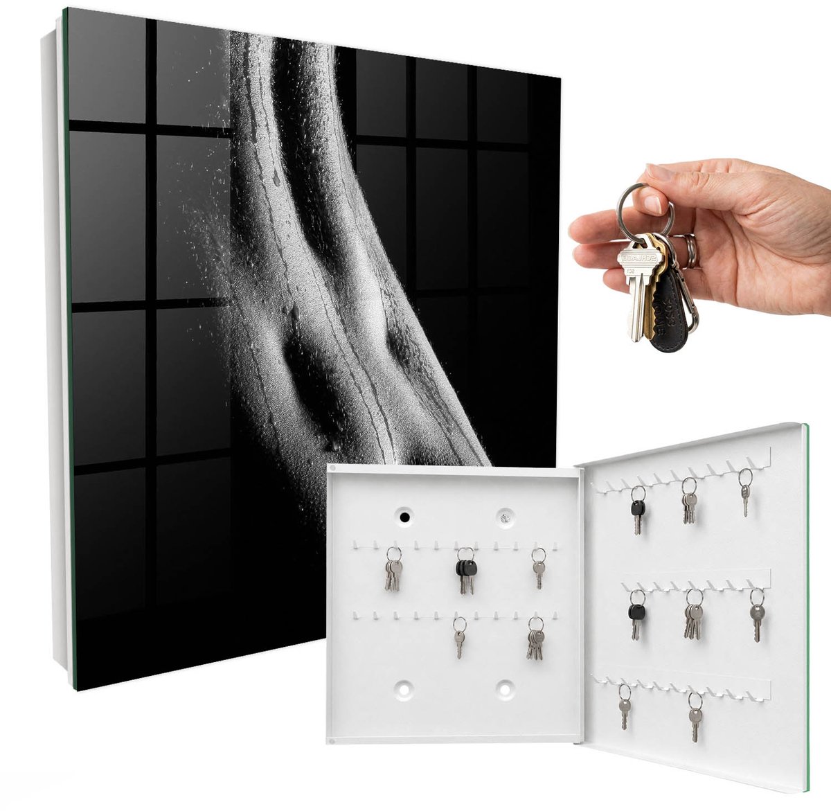 WallMuralia - Sleutelkast - 30x30x5 cm - met 50 haken - Sensuele Elegantie Sleutelkastje Modern - Zwart Sleutelbox - Rechtsopenend - Wit interieur