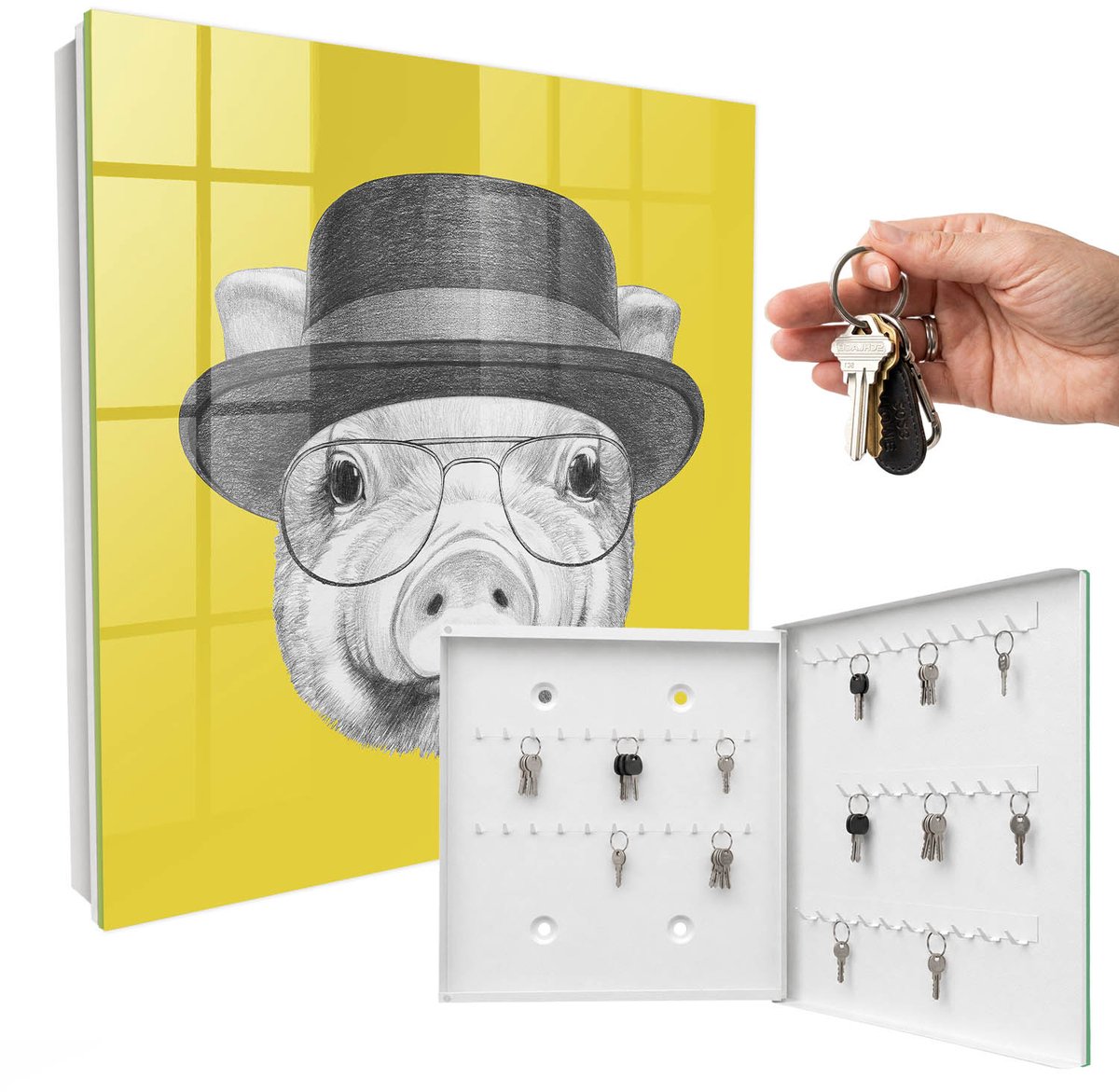 WallMuralia - Sleutelkast - 30x30x5 cm - met 50 haken - Gelukkig Varkentje Sleutelkastje Gang - Geel Sleutelbox - Rechtsopenend - Wit interieur
