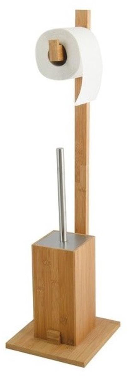 Omgoods - Bamboo Toiletpapierhouder met Toiletborstel - Hout en Kunststof