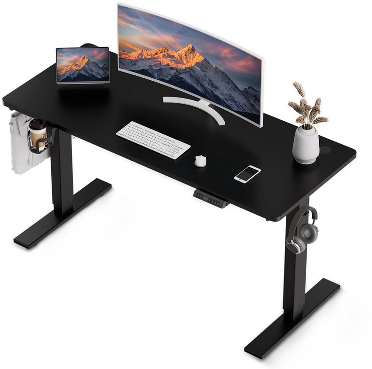 HOMAVO Elektrisch Zit-Sta bureau 70 x 140 cm - In Hoogte Verstelbaar - Geheugenfunctie - Antibotsingssysteem - USB-A/USB-C – Zwart