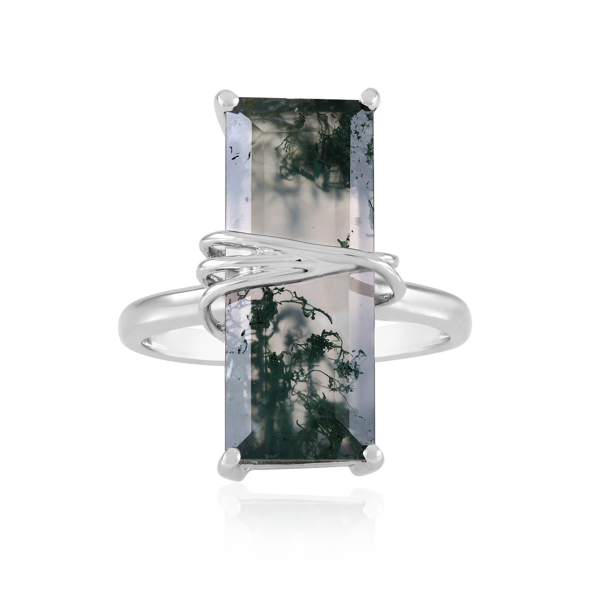 Cavill - Zilveren Ring - 925 Sterling Zilver Gerhodineerd - Mosagaat 5,657 ct - Baguetteslijpsel Braziliaanse Natuursteen - Elegante Damesring Maat 17