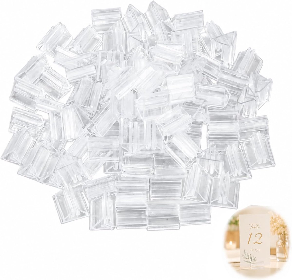 100 stuks 22 x 20 x 13 mm transparante plastic kaartenstandaard en tafelkaarthouder, transparante acryl speelkaarthouder en driehoekige standaard voor kaarten, afbeeldingen, foto's, plastic