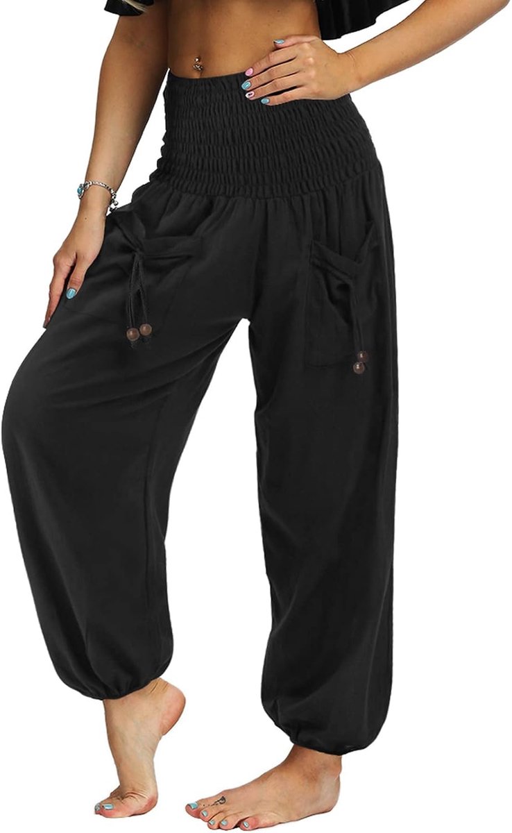 Geplooide damesbroek met hoge taille en zakken, losse lichte hippie, harembroek, yogabroek, loungewear, zomervakantie