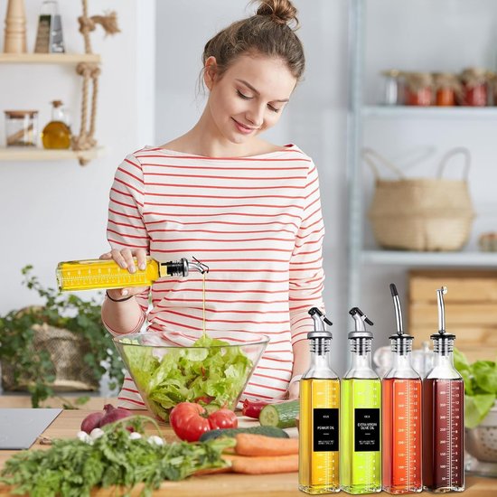 4 Stuks Olijfolie Dispenser Fles,500 ML Olie en Azijn Dispenser,Oliedispenser voor Keuken,Olijfoliefles met Schenktuit,Zelfklevende Etiketten en Trechter,voor Gereedschap voor Barbecue,Salade — afbeelding 5