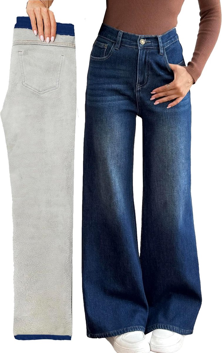 Dames Fleece Gevoerde Brede Pijpen Baggy Jeans Winter Thermische Warme Flanel Jean Losse Y2K Boyfriend Denim Broek