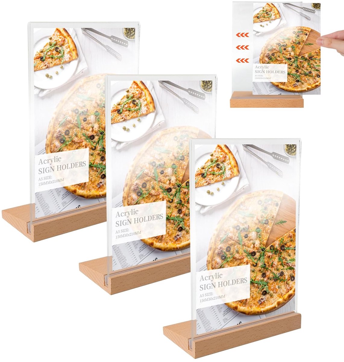 3 stuks tafelstandaard, A5, standaard, acryl, schuin, menukaarthouder, hout, dubbelzijdige schildhouder, L-vorm voor menukaarten, tafelkaarten, reclame, promoties