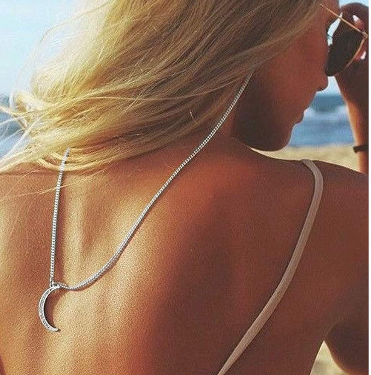 brillenketting met stras-maanhanger, antislip brillenketting, brillen-accessoires, brilhouder, zonnebrilhouder, voor dames en meisjes (zilver)