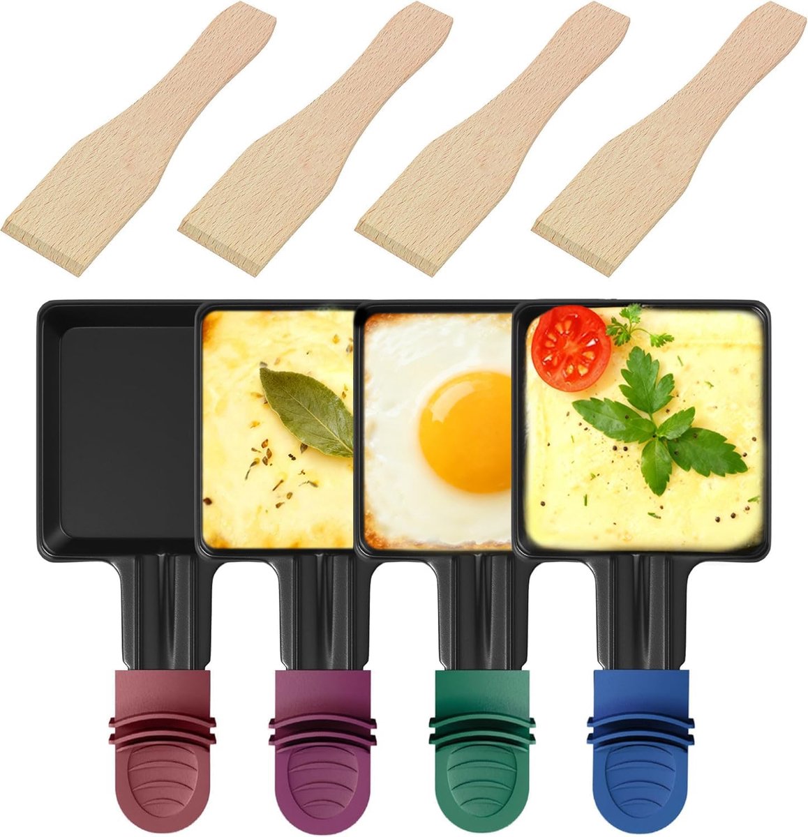 Set van 4 vierkante raclettepannetjes met kleurgecodeerde handgrepen + houten spatel, super anti-aanbak, 18,35 x 9,23 cm, ideaal voor kaas/eieren/vlees
