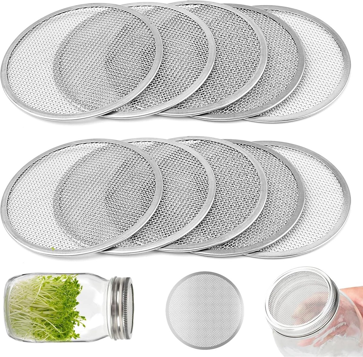 Set van 10 roestvrijstalen kiemgaasfilters voor 86 mm brede mond Mason jars, zaadkiempot zeefschermen, gaaszeefschijven voor taugé, alfalfa, broccoli ontkiemen