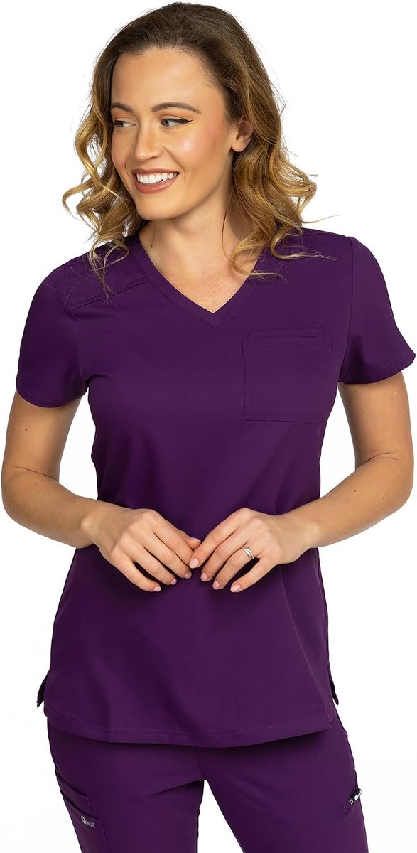 Dames, antibacterieel, geurbestendig, strijkvrije medische kleding, met V-hals, zak en lus