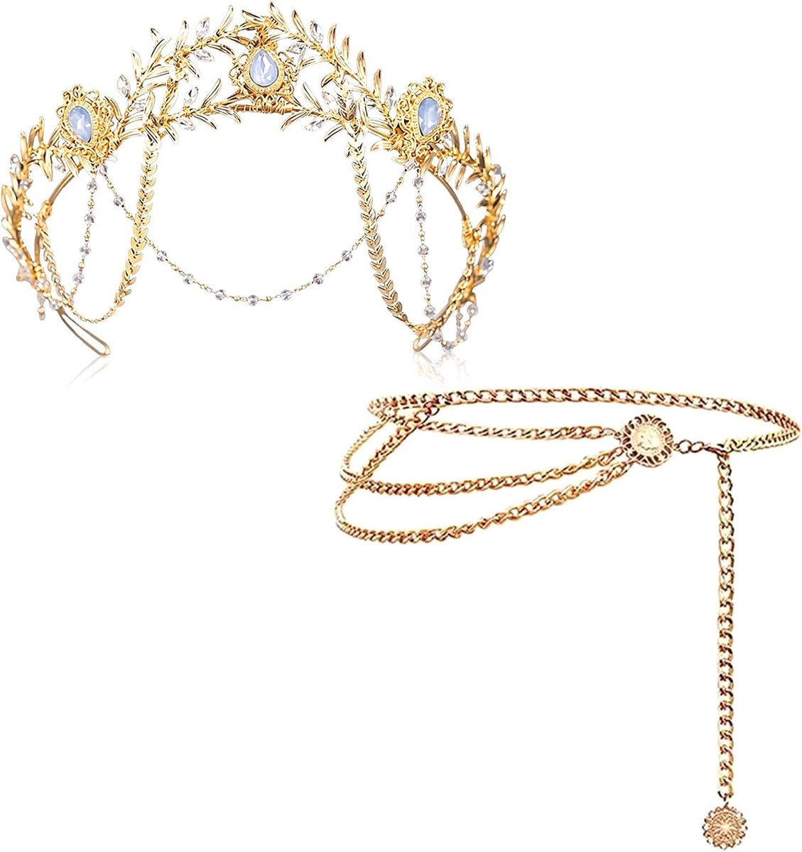set van twee griekse godin kostuums bruidsjuwelen bovenarmsieraad oorkransen lauwerkrans haarklem sieraden bladeren haarkroon accessoires meisjes dames