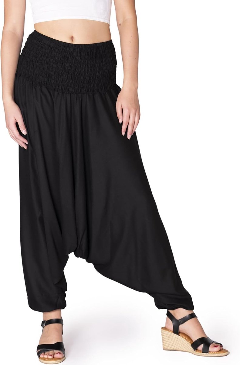 Effen Harembroek Dames - 2 in 1 - Harembroek & Jumpsuit | Lichte zomerbroek, 100% viscose, yogabroek met laag kruis, elastische taille, ideaal voor strand, vrije tijd & reizen
