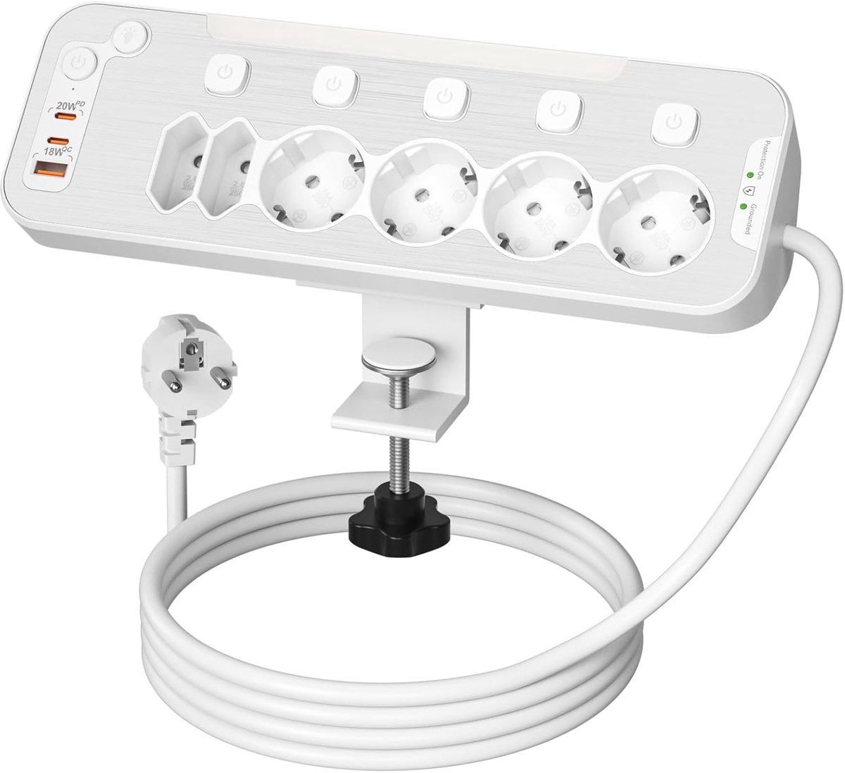 Bureau met Schakelaar Individuele en USB C PD20W Snelladen | Tafelstopcontact Overspanningsbeveiliging,Metaal Paneel Stopcontact Splitter Bureau met Afneembare Bureauklem,2M Kabel,Wit