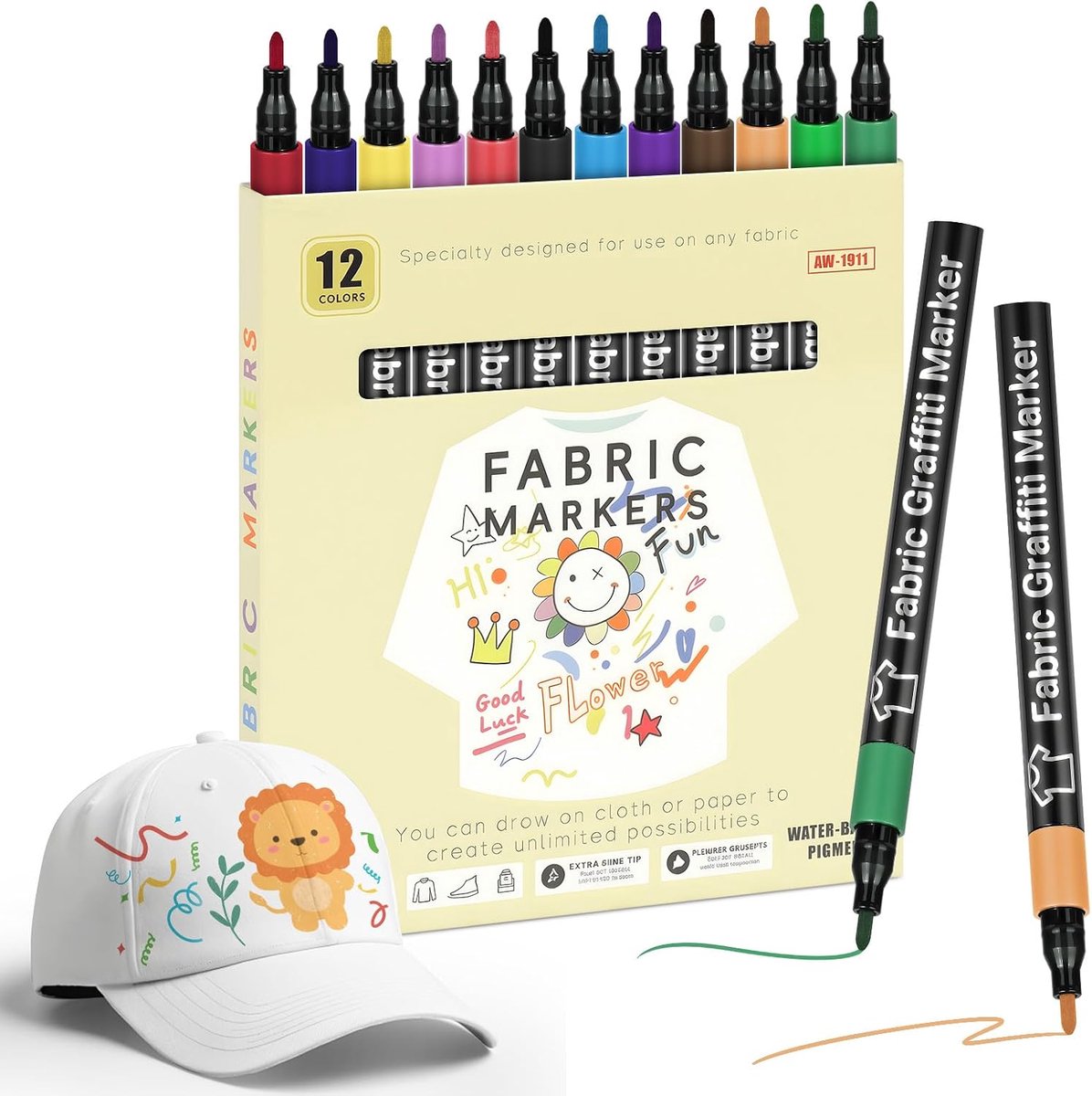 12 Textielstiften, Machinewasbaar, Niet-giftige Textielmarker, Wasbare Set met Fijne Punt, Textielverfstiften, Hobbystiften, Permanente Textielmarker Voor T-shirts, Jeans, Stoffen Tassen