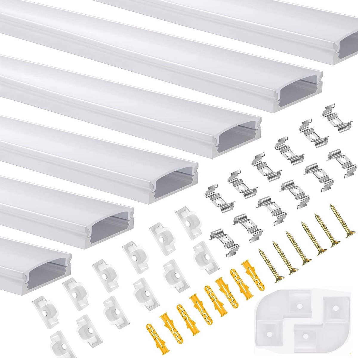 Led-aluminium profiel, 10 stuks, 1 m, melkachtig deksel, eindkappen, metalen bevestigingsclips (6 stuks, 1M-U)