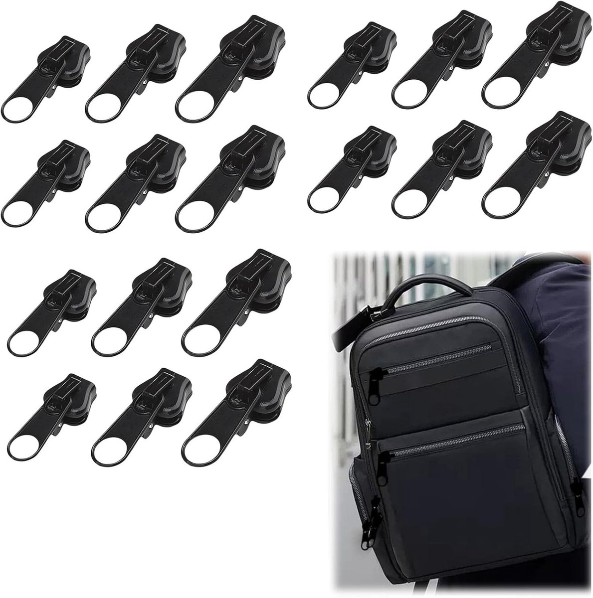 Universele rits reparatie kit, 18 stuks verwijderbare ritstrekker vervanging gemakkelijk geen gereedschap fix voor jassen bagage rugzakken jeans multipack in zwart