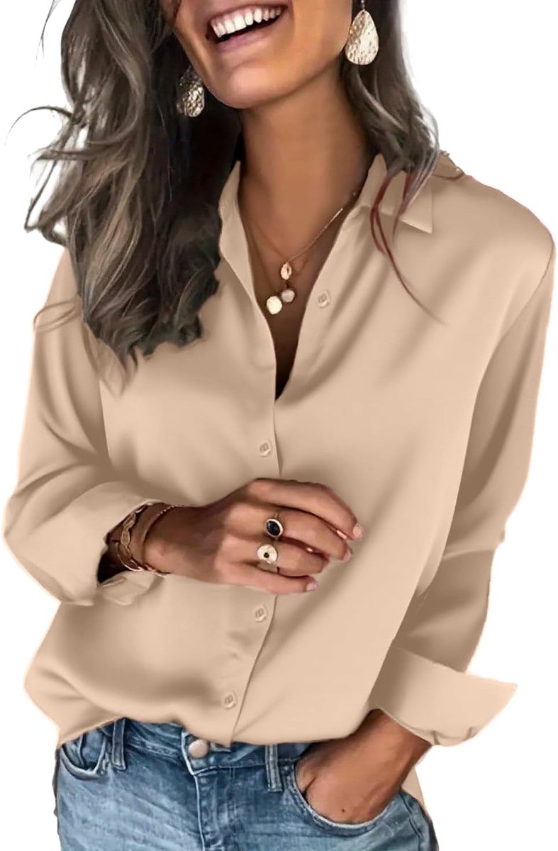 Satijnen blouse voor dames, lange mouwen, button-down-shirts, zacht