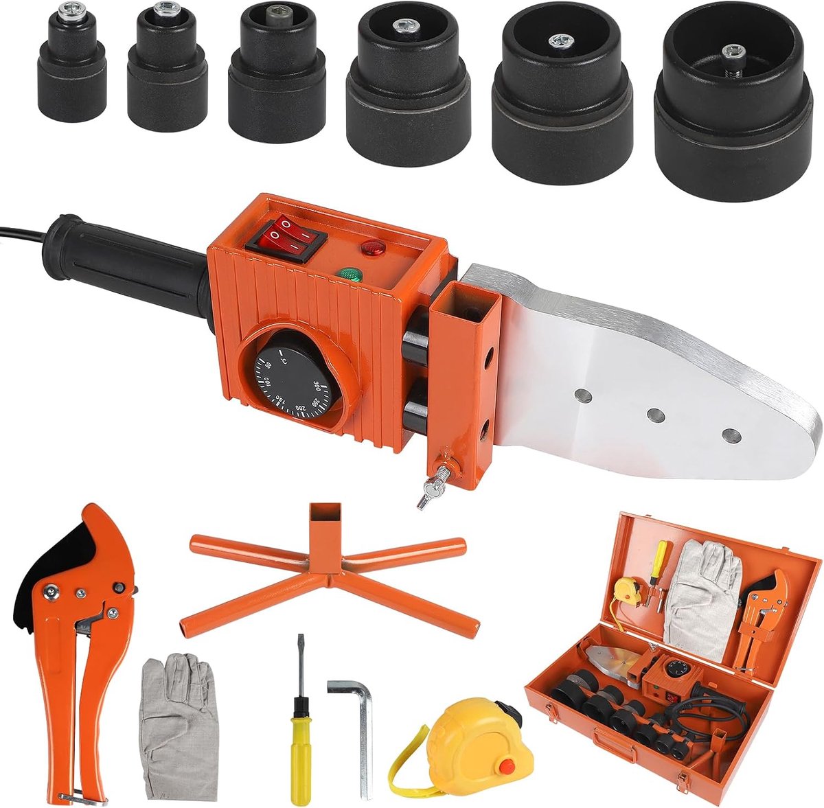 Lasapparaat voor buizen van polypropyleen 2000 W, lasapparaat met 6 verwarmingssproeiers (diameter 20-63 mm), temperatuurinstelling 0 – 300 °C, buissnijder en stalen box