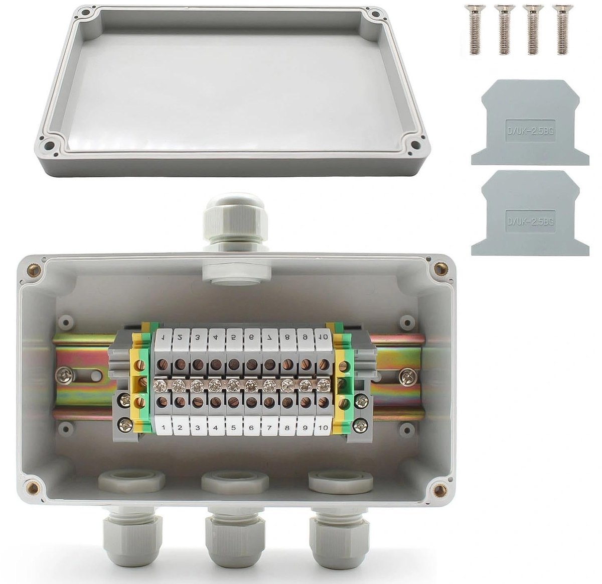 SnelShoppen - IP66 Waterdichte Aansluitdoos 155 x 90 x 60 mm met 10-pins UK2.5B Doorgangsterminal & DIN-Rail Opbouwdoos voor Elektrische Installaties