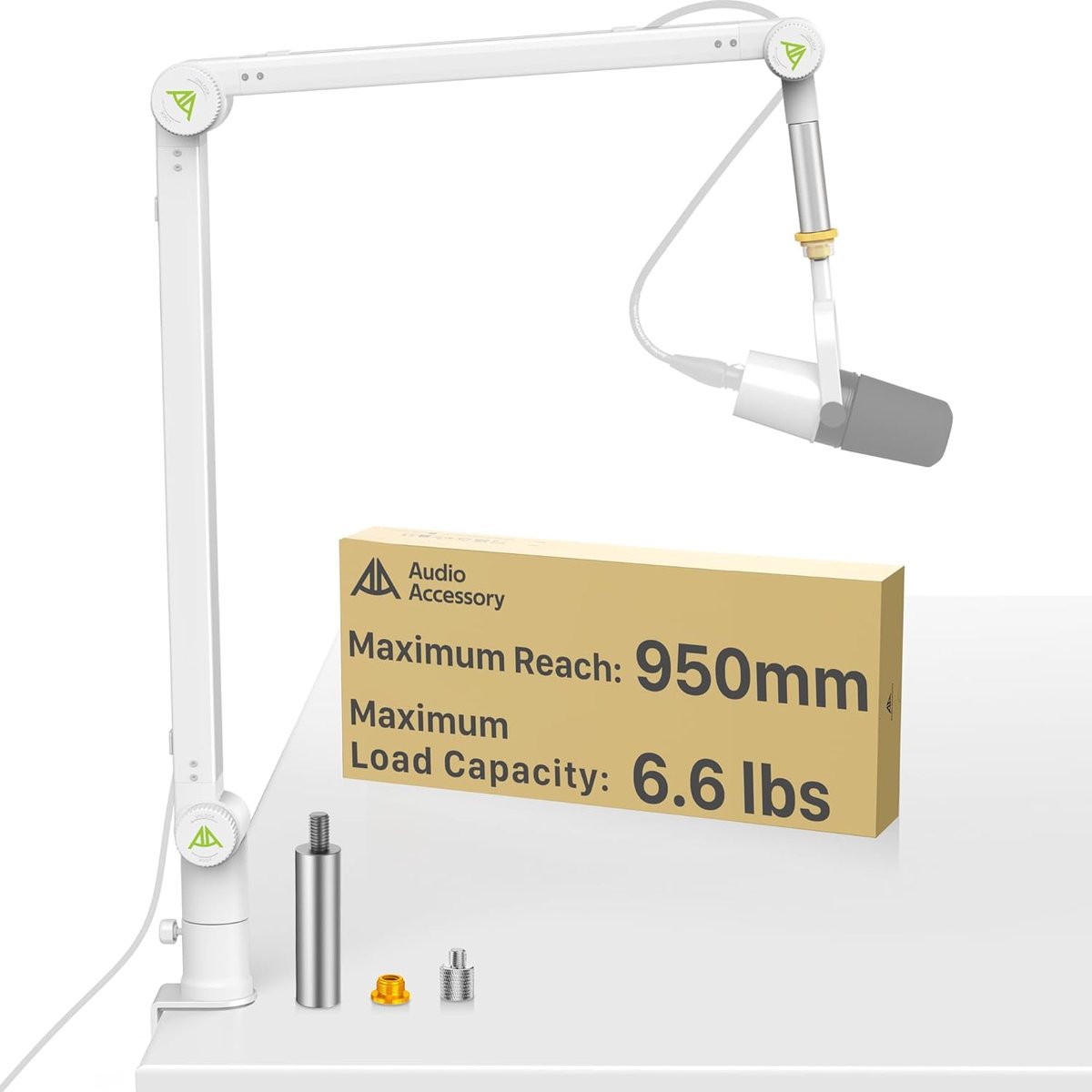 SnelShoppen - Witte microfoonarm voor zware microfoons tot 3 kg - 950 mm bereik - Versnellingsslot microfoonstandaard bureauhouder voor Shure SM7B en