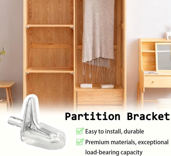 Set van 30 Plastic Plankensteunen met Stalen Pen, 3mm Glasplanksteunen voor Kasten en Boekenkasten, Onzichtbare L-vormige Plankhouders voor Meubels — afbeelding 3
