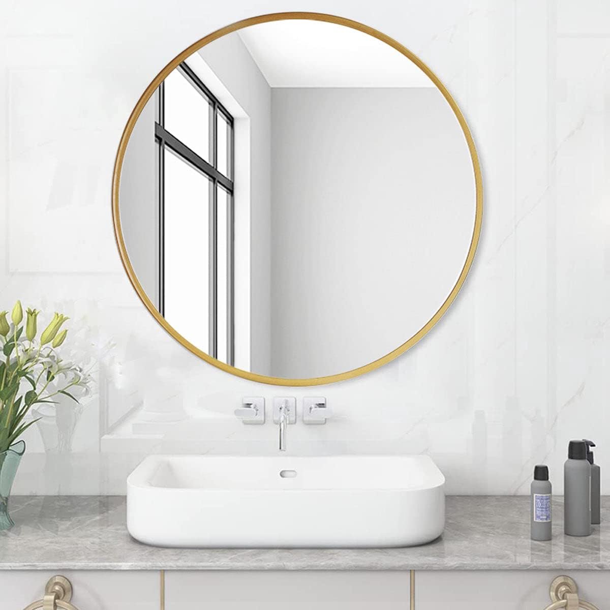 SnelShoppen - Ronde Badkamer Spiegel 60 cm Zonder Verlichting - Decoratieve Wandspiegel met Metal Frame en Matt Gouden Rand - Voor Badkamer, Woonkamer