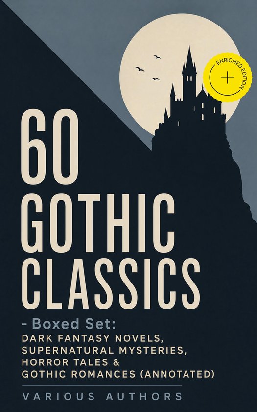Boekenkast met 60 Gothic Classics, donker met een silhouet van een kasteel en een maan.