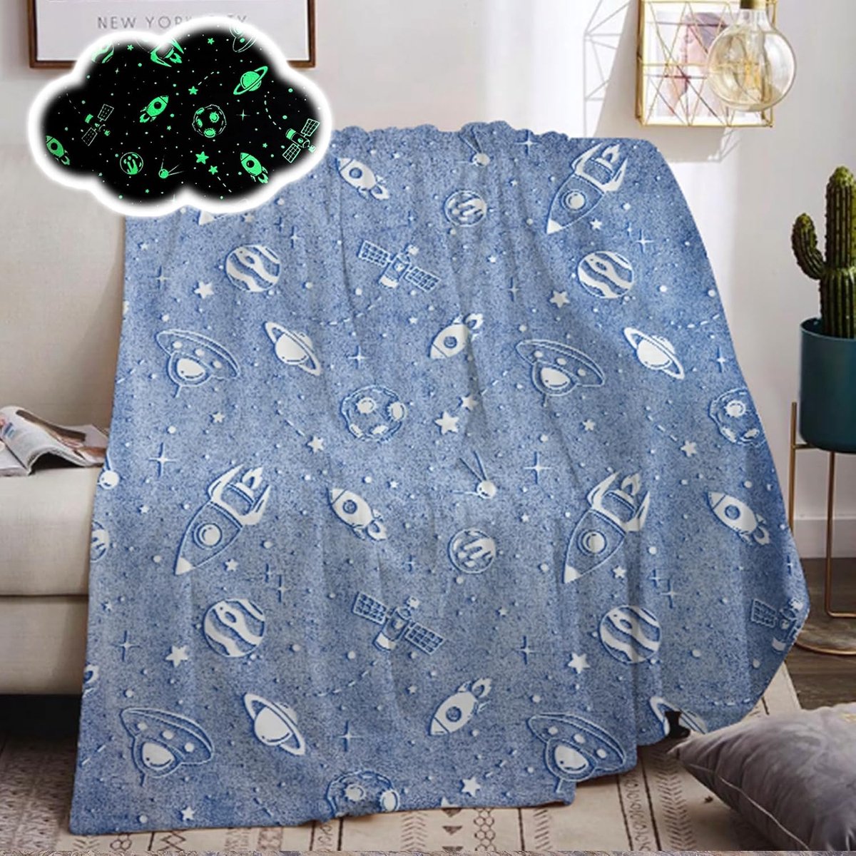 SnelShoppen - Glow in the Dark Dekentje - Zachte Flanel Fleece Decke met Sterrenprint - All Seasons Sofa Slaapdekentje voor Kinderen, Meisjes, Jongens