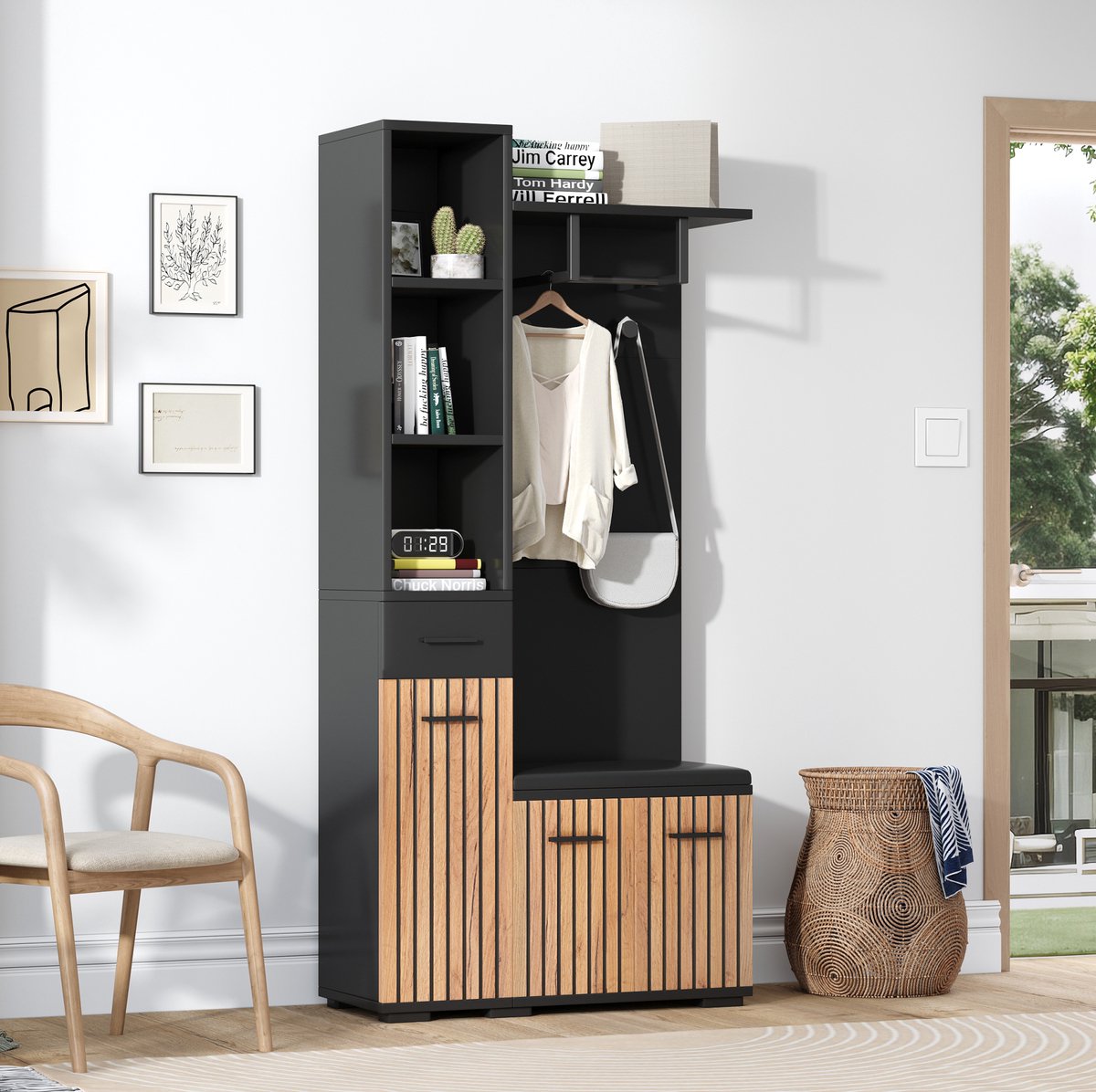 MIVRAY Kledingrek Met Opbergruimte En Zitbank - 7 In 1 Voor Hal En Gang - Zwart En Houtkleur - Spaanplaat - 80 X 35 X 175 Cm