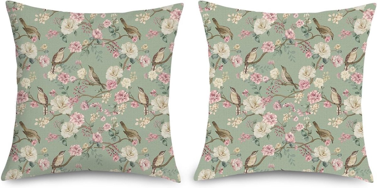 Vintage Bloemen Kussenhoezen 45 x 45 cm - Set van 2 - Sagegroen Decoratieve Kussens voor Bank en Stoelen met Onzichtbare Rits