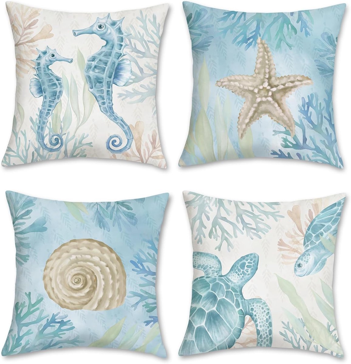 Decoratieve Kussenhoezen 45 x 45 cm met Zeepaard, Schildpad en Sterrenbeeld voor Buiten en Binnen - Set van 4 Zachte Velours Kussens voor Sofa en Patio