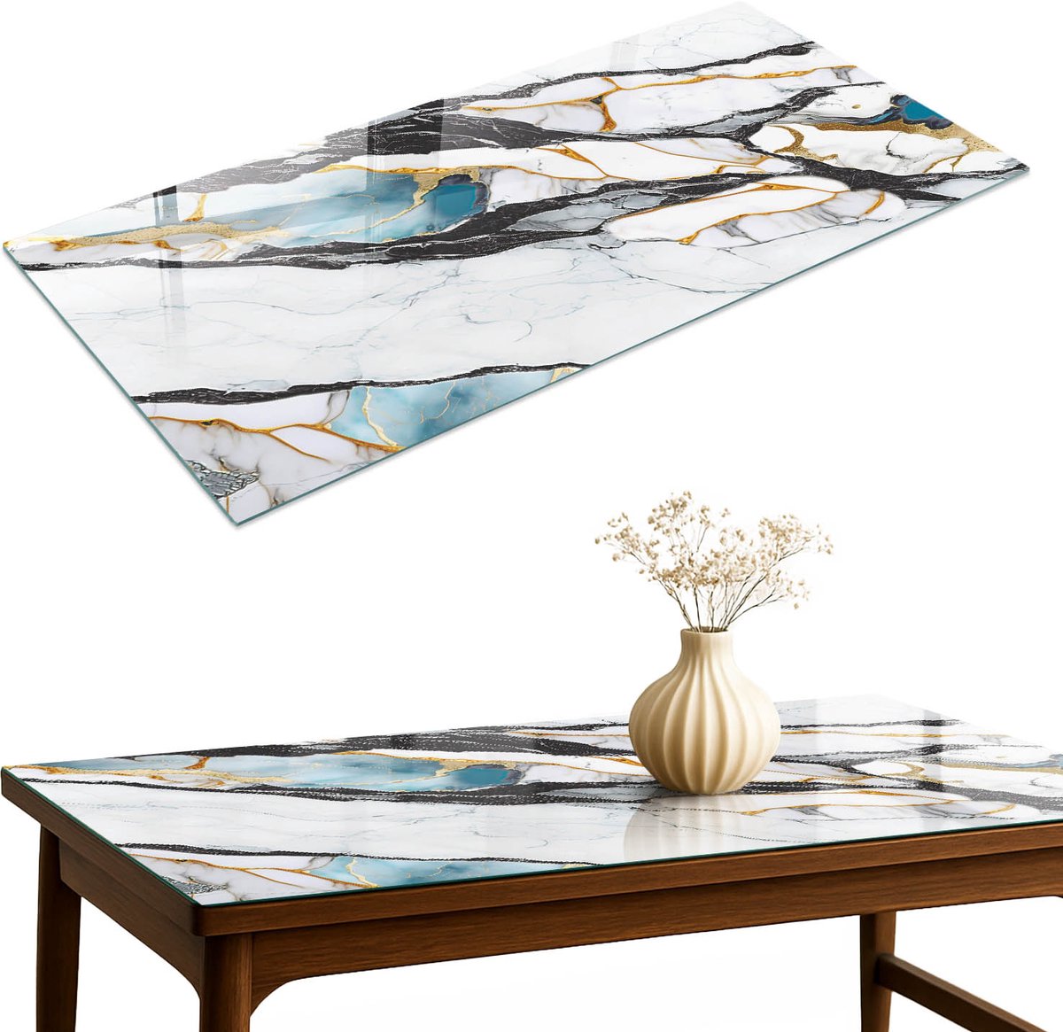 ArtPrintCave Luxueus marmer Glazen Tafelblad 120x60 cm - Tafelblad Rechthoek - Zwart Tafelblad Glas - Abstractie Glazen Eettafel