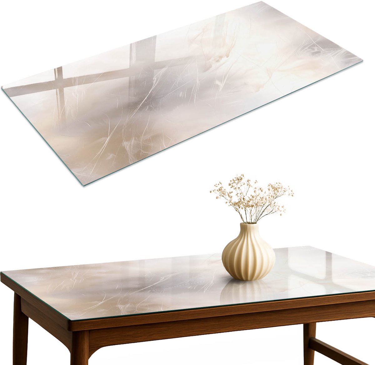 ArtPrintCave Subtiele abstractie Glazen Tafelblad 140x70 cm - Tafelblad Rechthoek - Wit Keukentafel - Abstractie Keukentafel