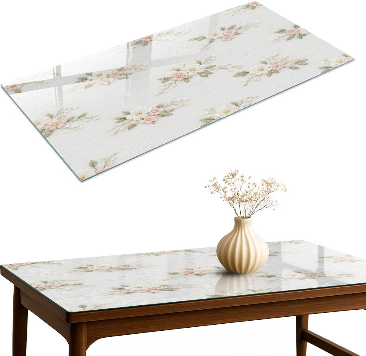 ArtPrintCave Pastelkleurige bloemen Glazen Tafelblad 120x60 cm - Tafelblad Rechthoek - Wit Keukentafel - Bloemen en planten Keukentafel