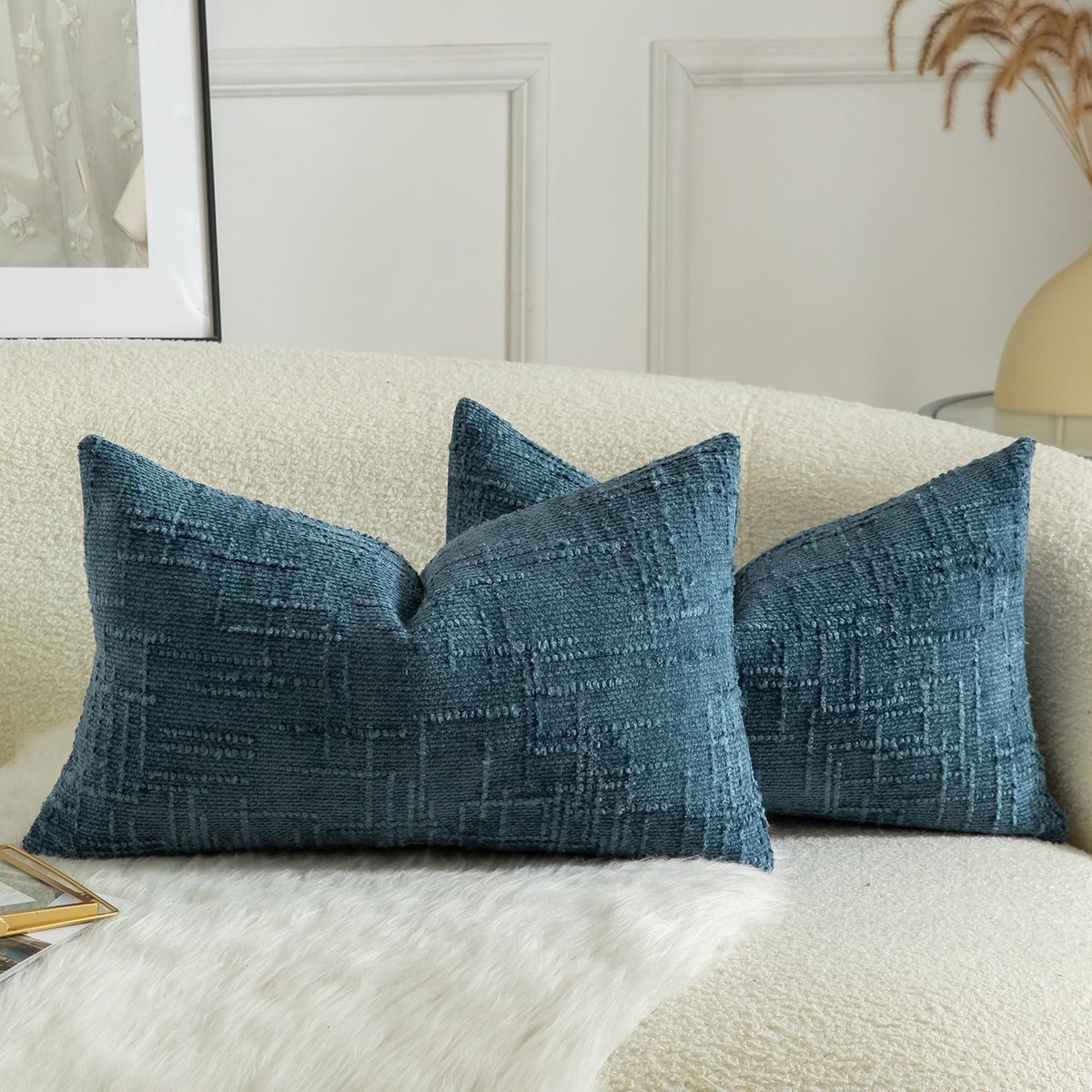 Set van 2 Zachte Chenille Textured Kussenslopen voor Lumbar Accent - Decoratieve Kussens voor Sofa en Bed, 30x50cm, Donkerblauw, Cozy Farmhouse Stijl