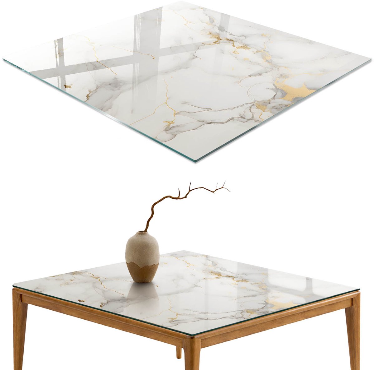 ArtPrintCave Marmereffect Glazen Tafelblad 60x60 cm - Tafelblad Rechthoek - Wit Glazen Eettafel - Texturen Eettafel Met Glasplaat