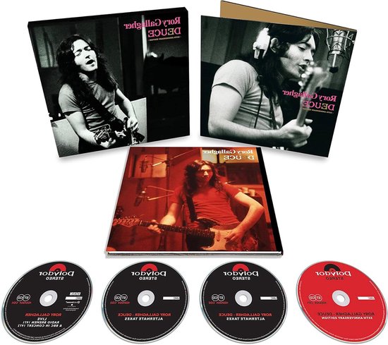 Rory Gallagher "Deuce - 50th Anniversary Edition" boxset met 4 cd's en boekje, met foto's van Rory Gallagher die gitaar speelt.